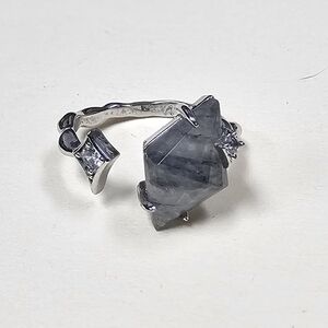 Adjustable Healing Black Rutilated Quartz Gemstone Opening Ring - Silver Plated